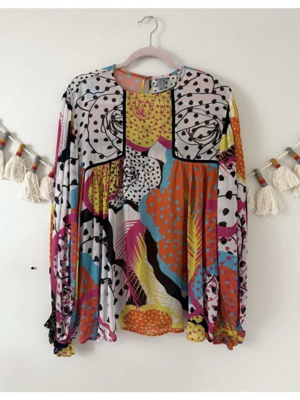 Anthropologie Bl-nk Miranda Peasant Top Mixed Media Balloon Sleeve Artsy Boho M